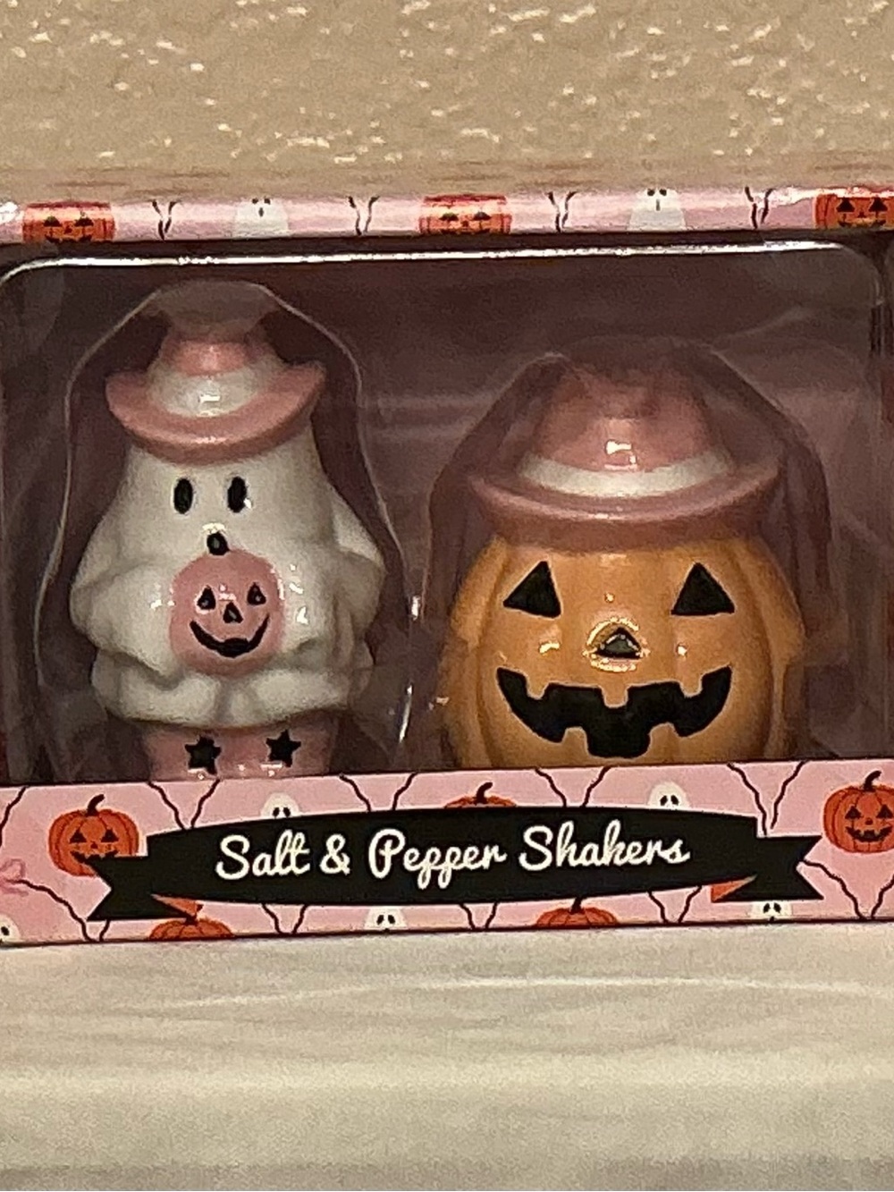 Halloween Pink & Orange Ghost Cowgirl & Pumpkin with Hat Salt & Pepper Shakers
